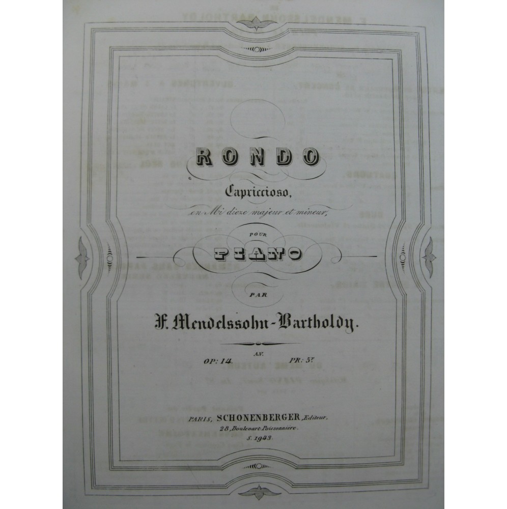 MENDELSSOHN Rondo Capriccioso op 14 Piano ca1855