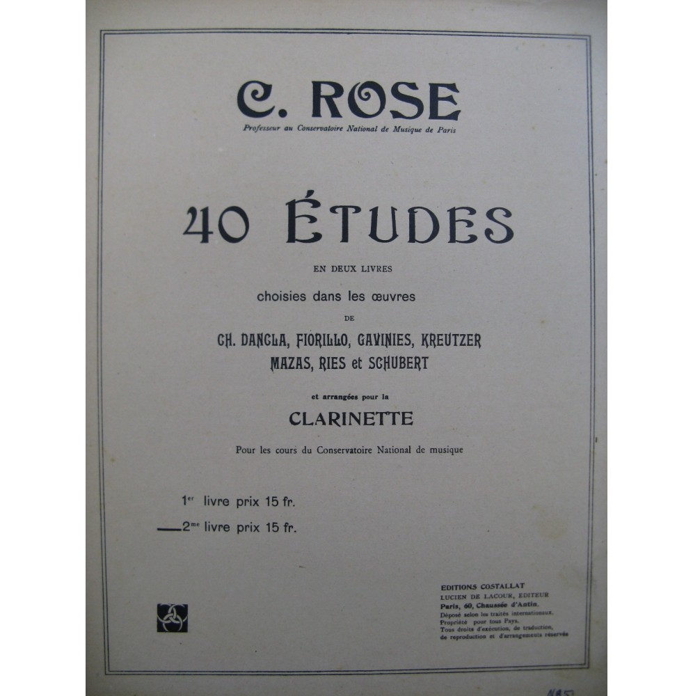 ROSE Cyrille 40 Etudes 2e Livre Clarinette seule 1946
