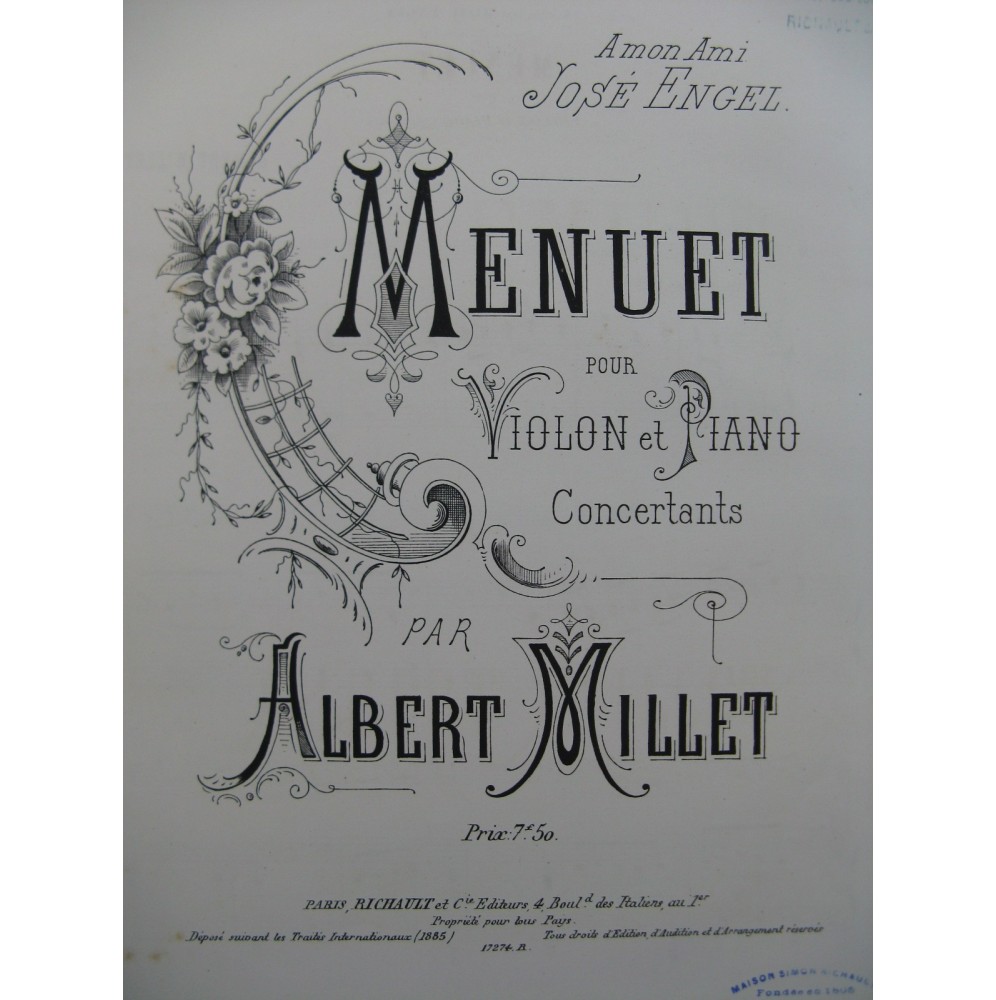 MILLET Albert Menuet Violon Piano 1885
