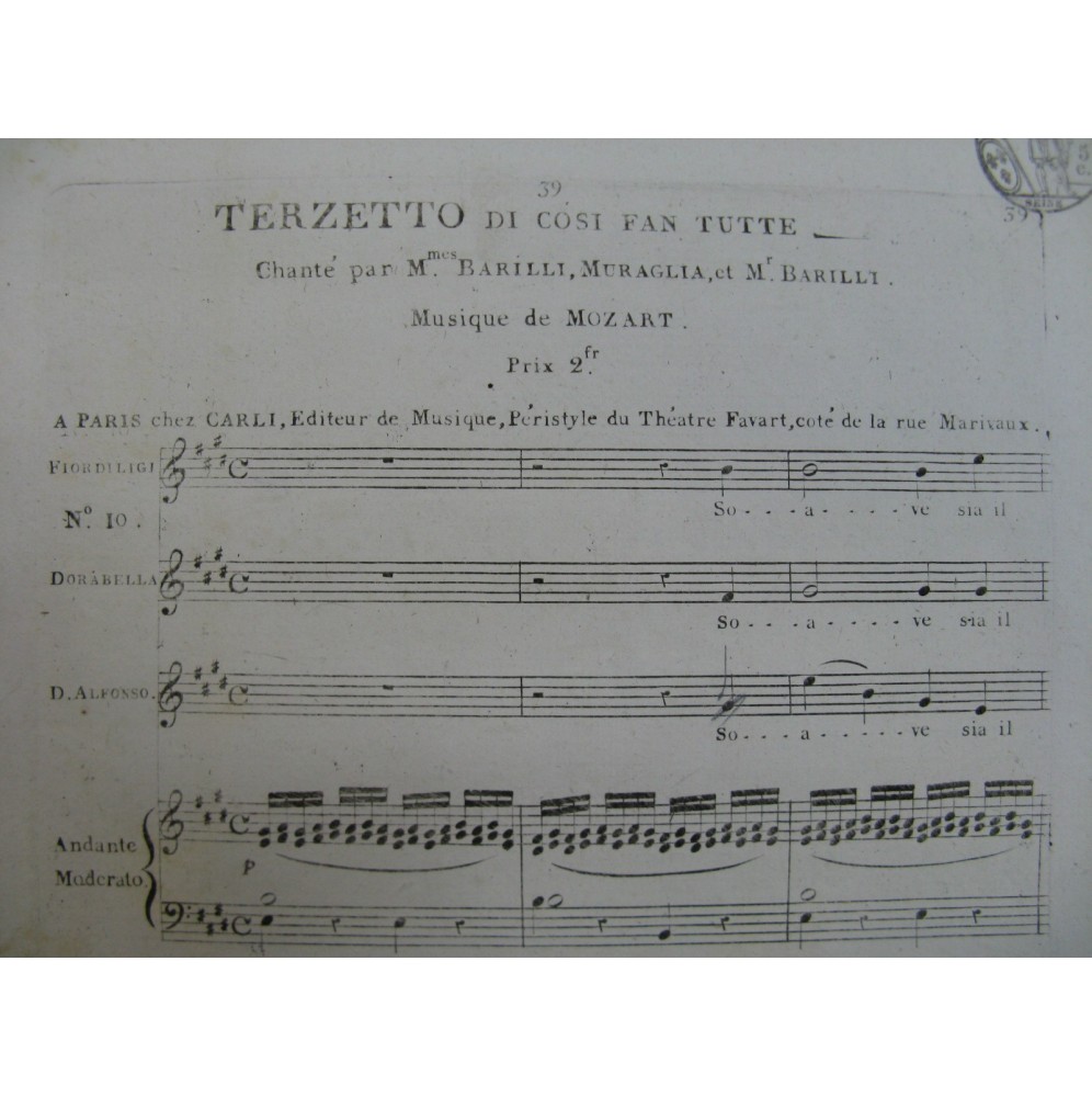 MOZART W. A. Cosi Fan Tutte Terzetto Chant Piano ca1820