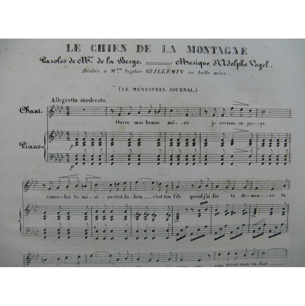 VOGEL Adolphe Le Chien de la Montagne Chant Piano 1835
