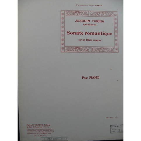 TURINA Joaquin Sonate Romantique Piano 1910