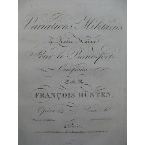 HÜNTEN François Variations Militaires op 12 Piano 4 mains ca1820