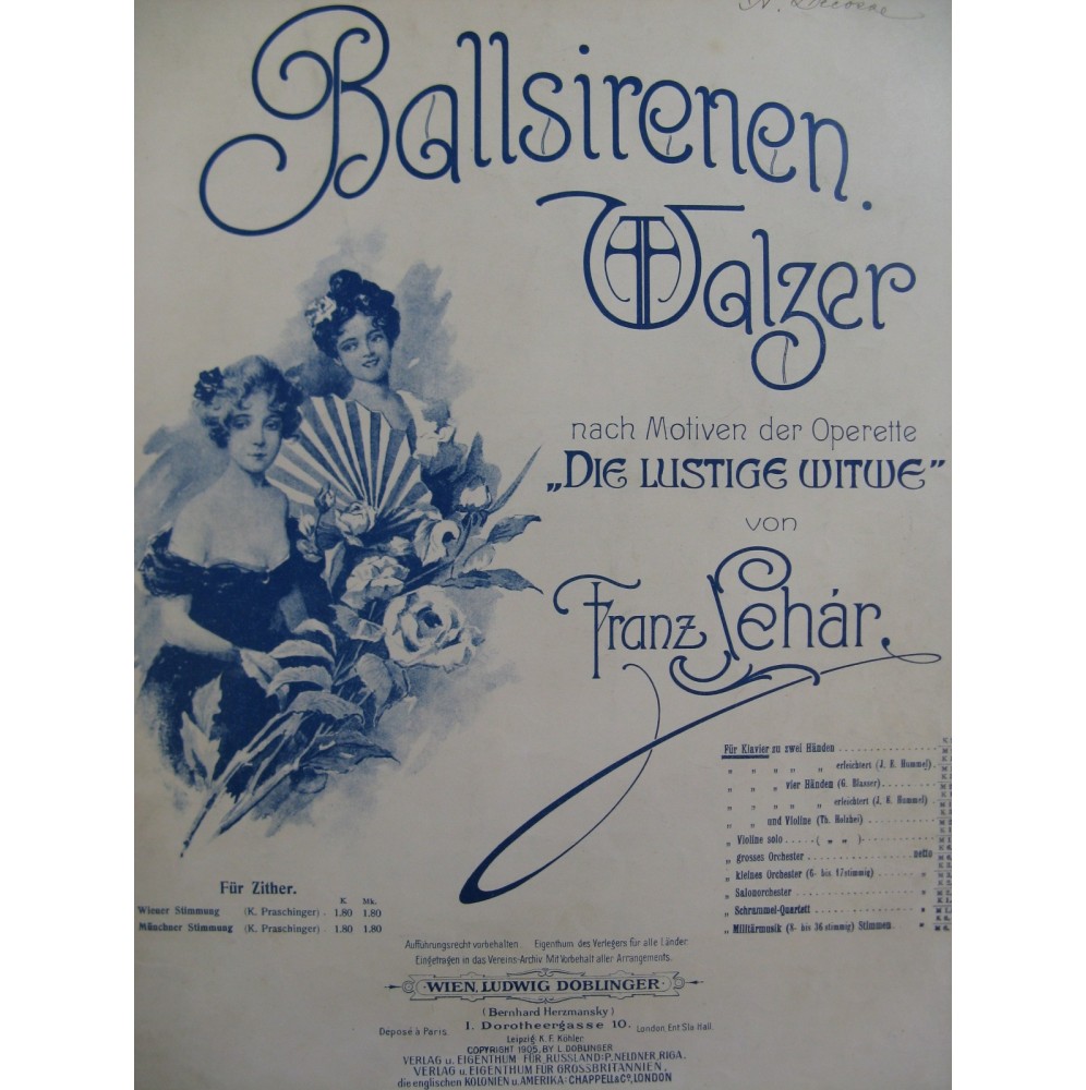 LEHAR Franz Ballsirenen Walzer Opérette Piano 1905