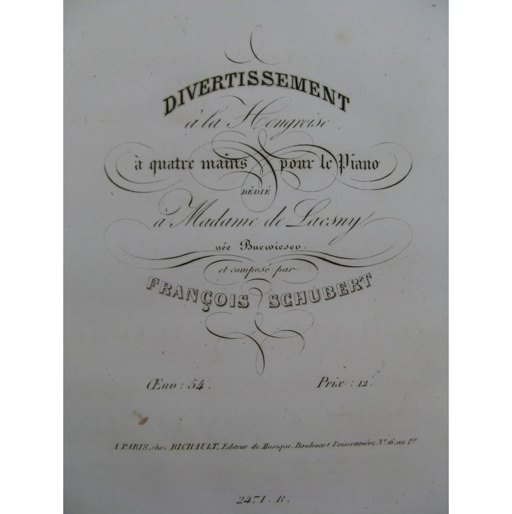 SCHUBERT Franz Divertissement à la Hongroise op 54 Piano 4 mains ca1830