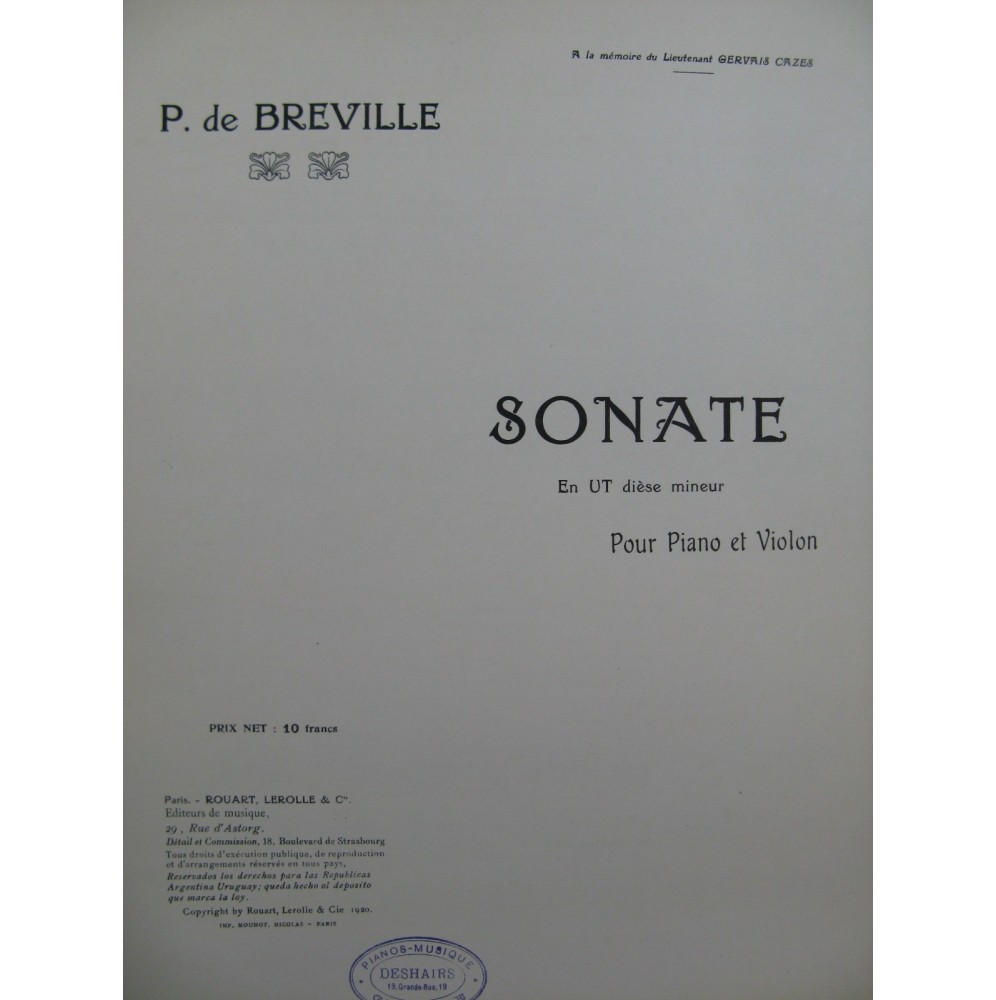 DE BRÉVILLE Pierre Sonate Violon Piano 1920