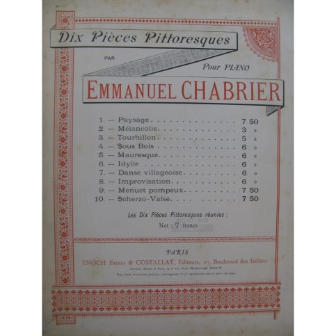 CHABRIER Emmanuel Pièces Pittoresques Piano ca1890