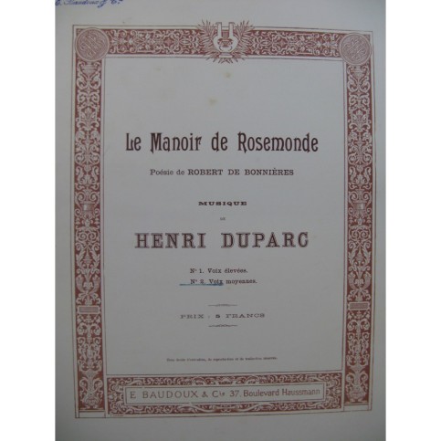 DUPARC Henri Le Manoir de Rosemonde Chant Piano