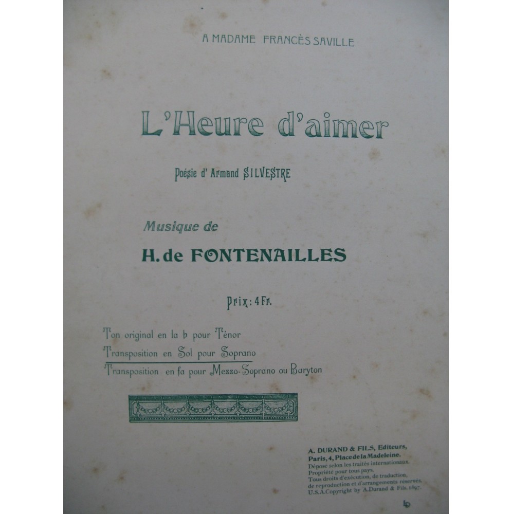 DE FONTENAILLES H. L Heure d Aimer Chant Piano 1897