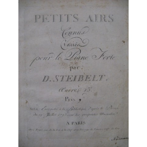 STEIBELT Daniel Petits Airs Connus variés op 13 Piano 1793