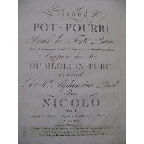 ISOUARD Nicolo Second Pot-Pourri Médecin Turc Piano Tambour ca1805