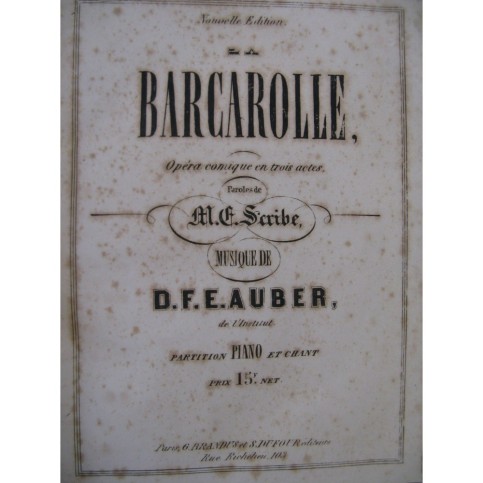 AUBER D. F. E. La Barcarolle Opéra Chant Piano ca1860