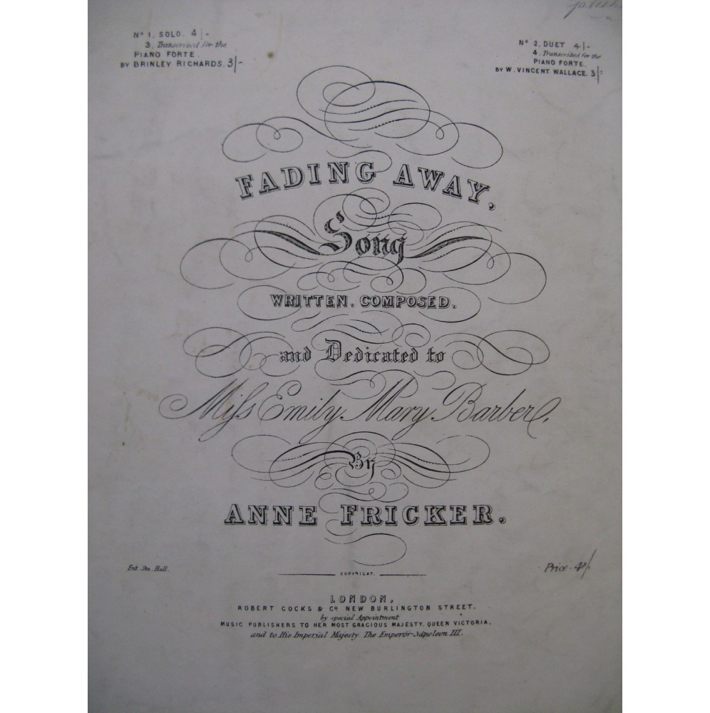 FRICKER Anne Fading Away Chant Piano XIXe siècle