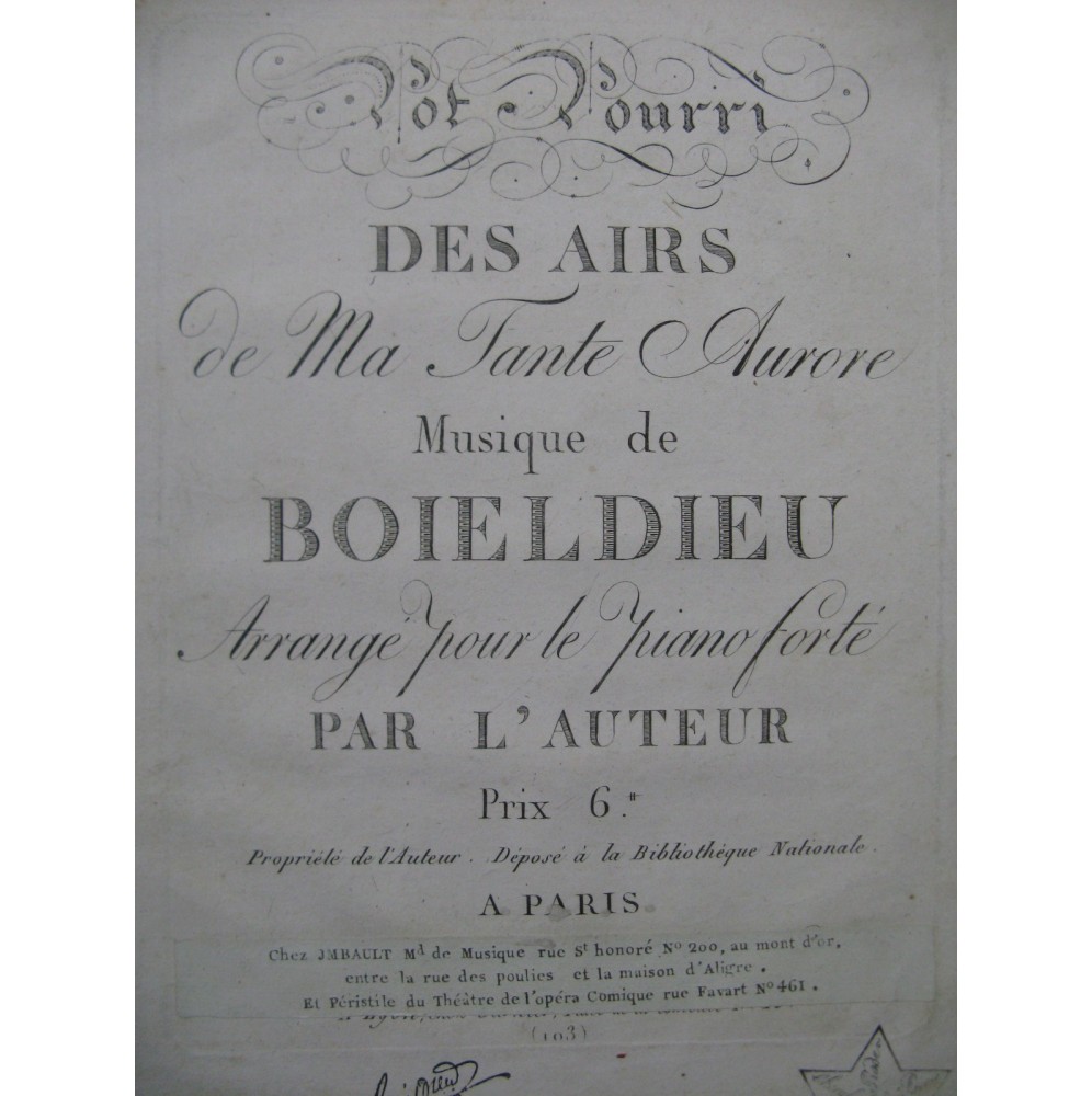 BOIELDIEU Adrien Pot Pourri Ma Tante Aurore Piano ca1805