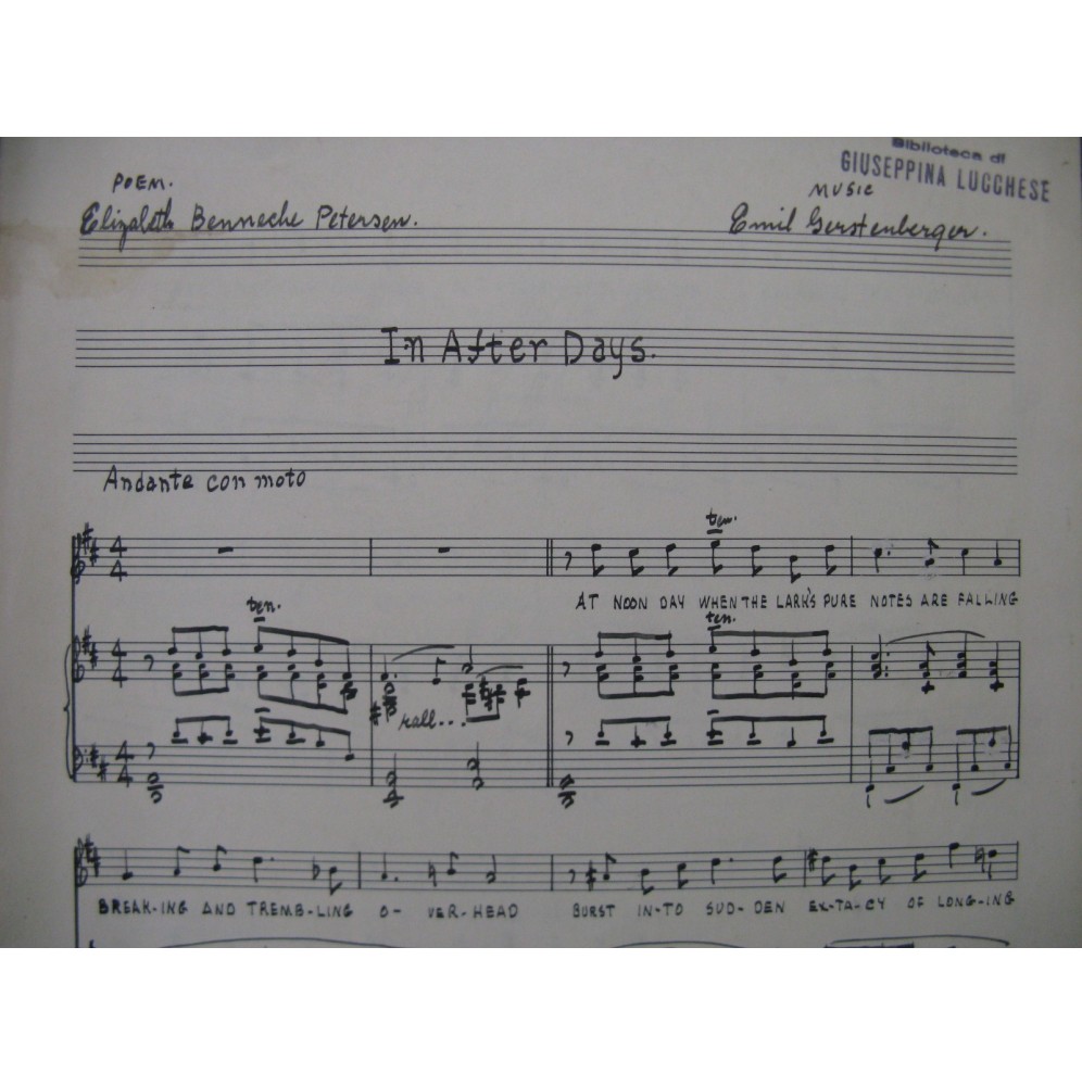 GERSTEMBERGER Emil In After Days Manuscrit Chant Piano