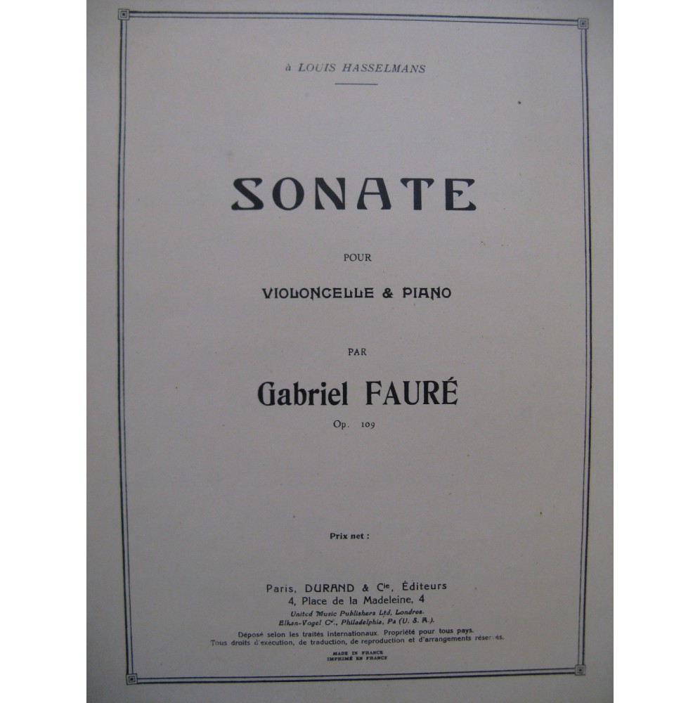 FAURÉ Gabriel Sonate op 109 Violoncelle Piano 1947