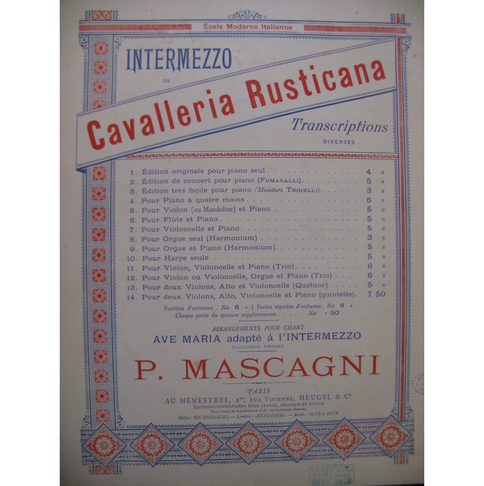 MASCAGNI Pietro Cavalleria Rusticana Intermezzo Piano 4 mains 1896