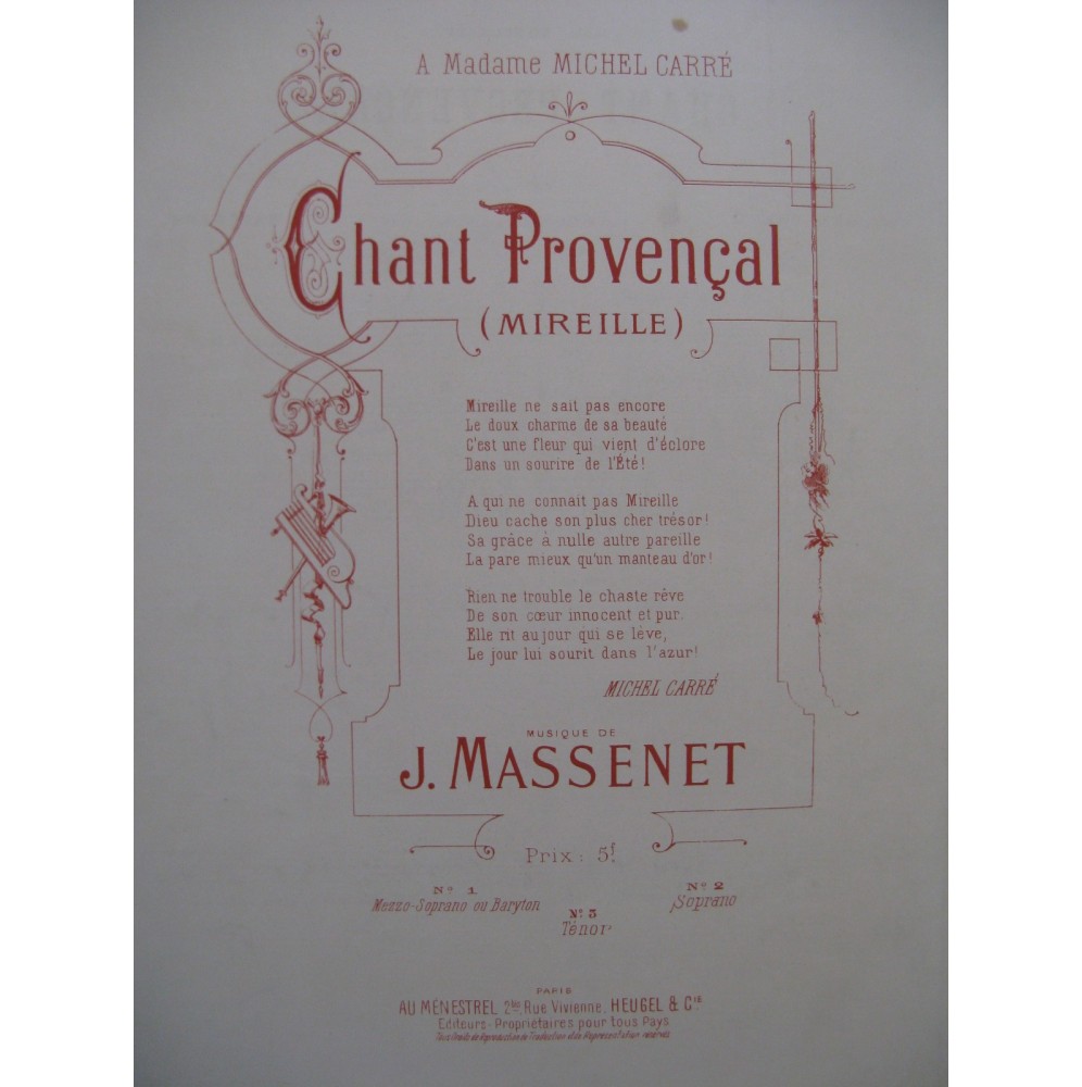 MASSENET Jules Chant Provencal Chant Piano ca1880