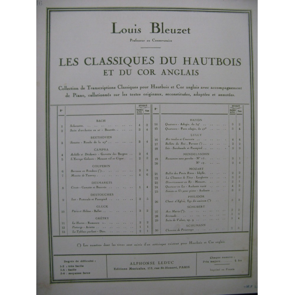 LULLY Jean-Baptiste Air Tendre et Courante Hautbois Piano 1947