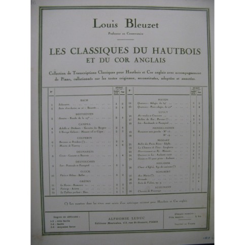 LULLY Jean-Baptiste Air Tendre et Courante Hautbois Piano 1947