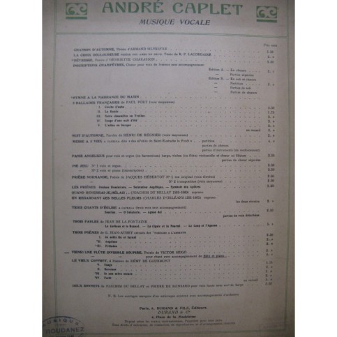 CAPLET André Viens ! Une Flûte invisible soupire Chant Piano Flûte 1924
