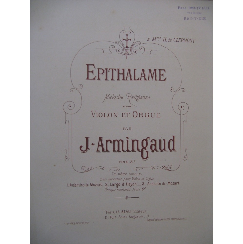 ARMINGAUD J. Epithalame Mélodie Religieuse Violon Orgue XIXe