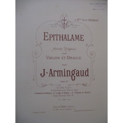 ARMINGAUD J. Epithalame Mélodie Religieuse Violon Orgue XIXe