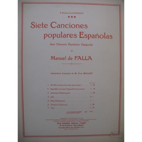 DE FALLA Manuel Siete Canciones 7 Chansons Piano Chant 1922