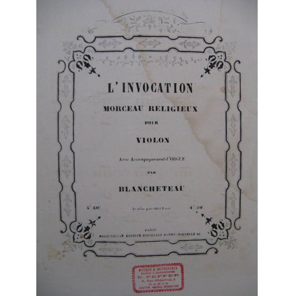 BLANCHETEAU L'Invocation Violon Orgue XIXe