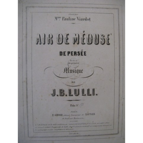 LULLY Jean Baptiste Air de Méduse de Persée Chant Piano ca1860