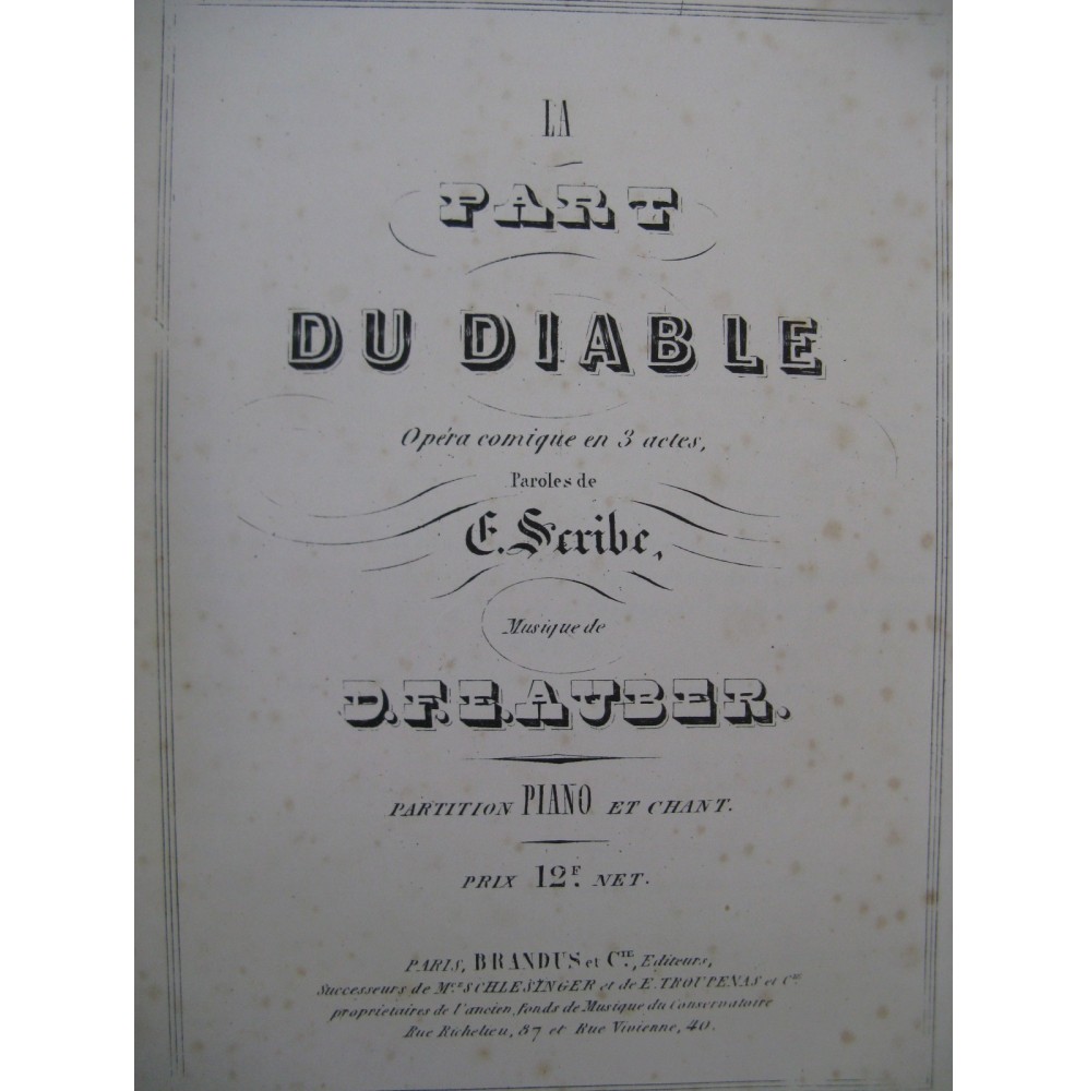 AUBER D. F. E. La Part du Diable Opéra Chant Piano ca1850