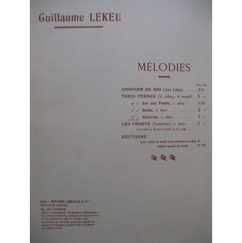 LEKEU Guillaume Nocturne N°3 Chant piano ca1910