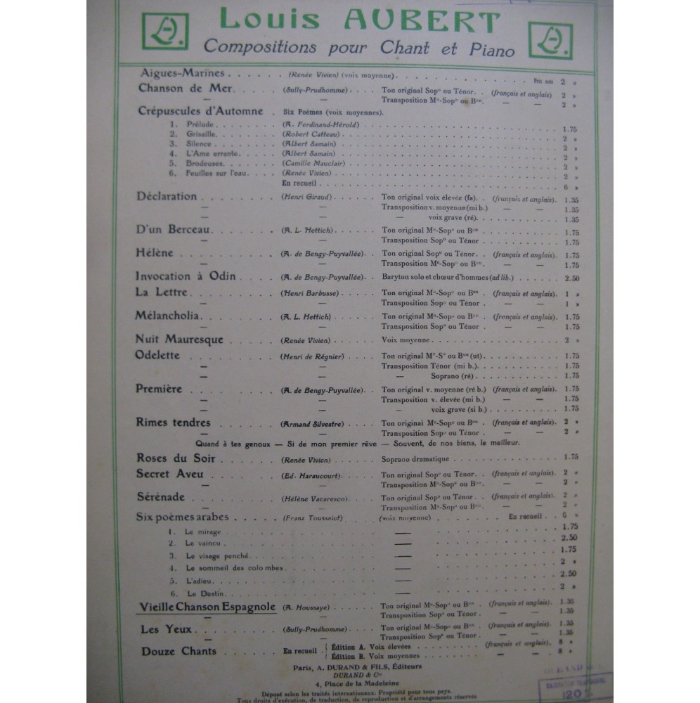 AUBERT Louis Vieille Chanson Espagnole Chant Piano 1909