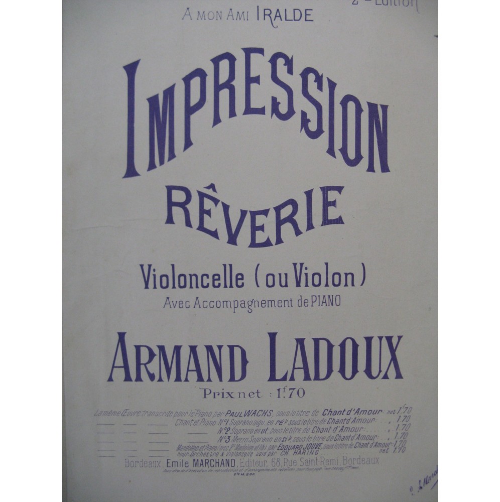 LADOUX Armand Impression Rêverie Piano Violoncelle ou Violon