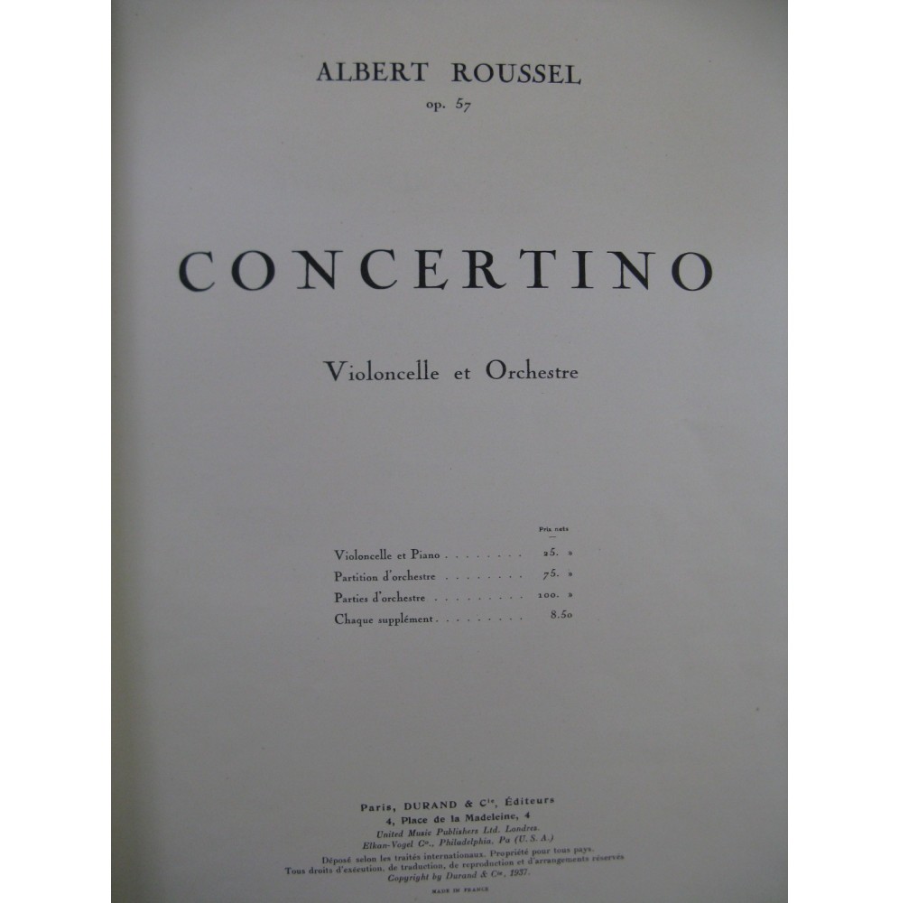 ROUSSEL Albert Concertino op 57 Violoncelle Orchestre 1937