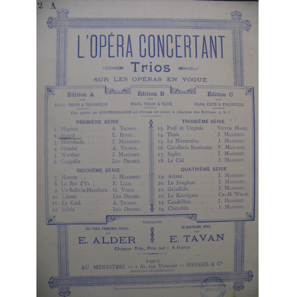 ALDER Ernest Sigurd de Reyer Trio Piano Violon Violoncelle 1894