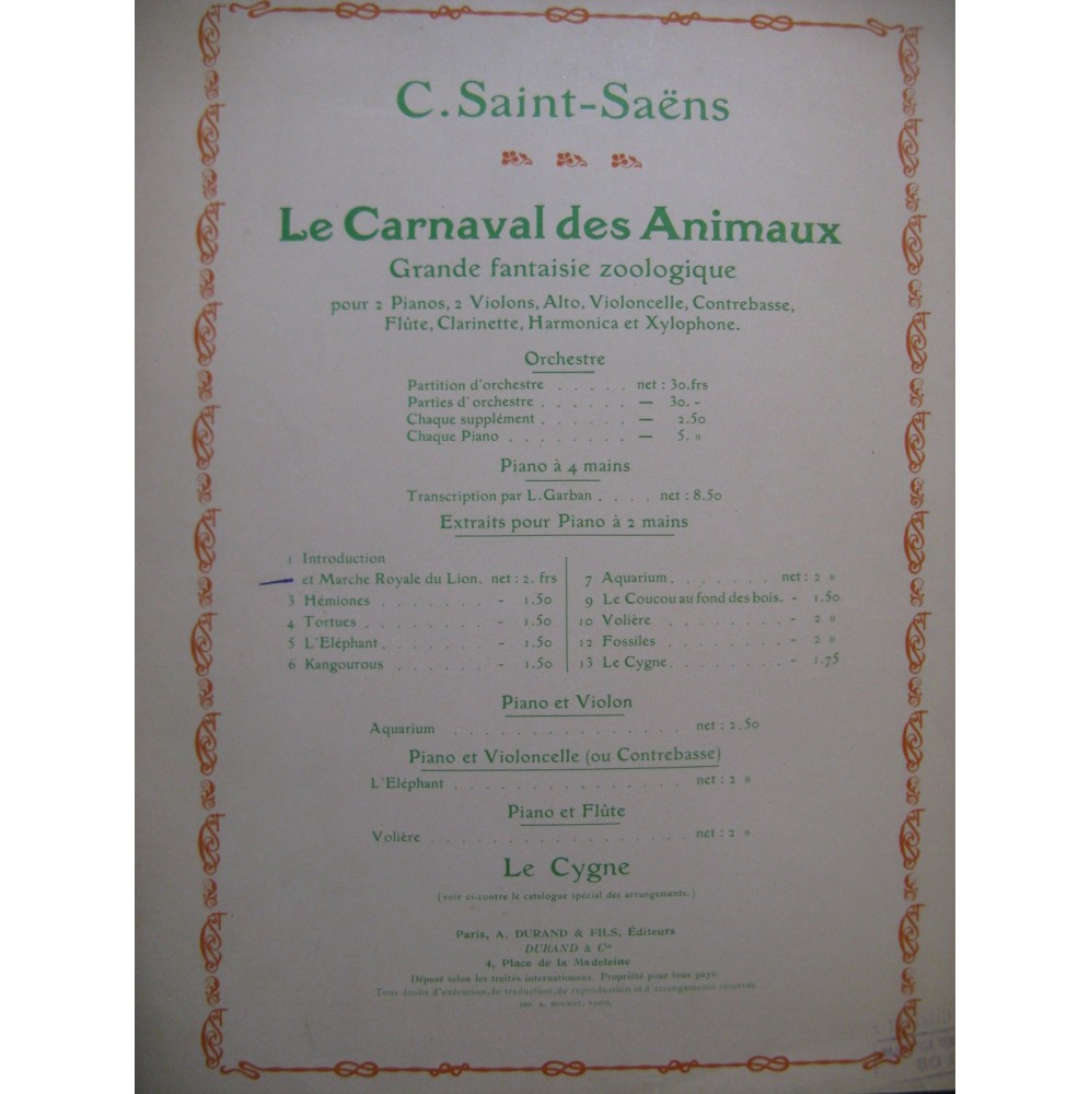 SAINT-SAËNS Camille Marche Royale du Lion Piano 1922