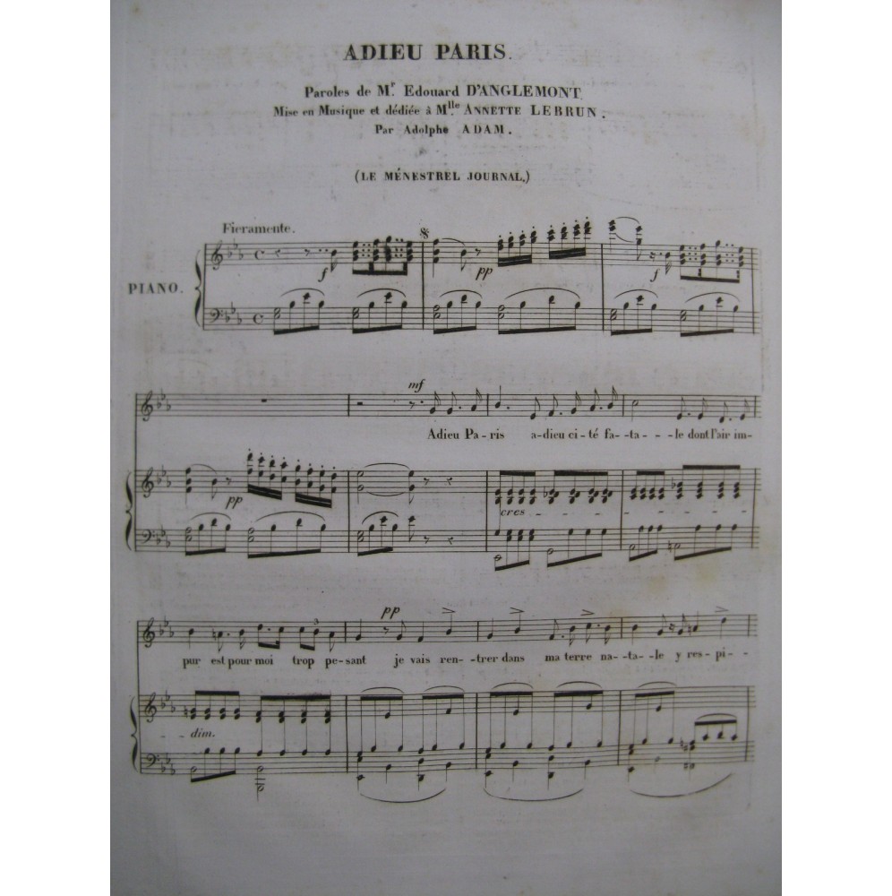 ADAM Adolphe Adieu Paris Chant Piano 1835
