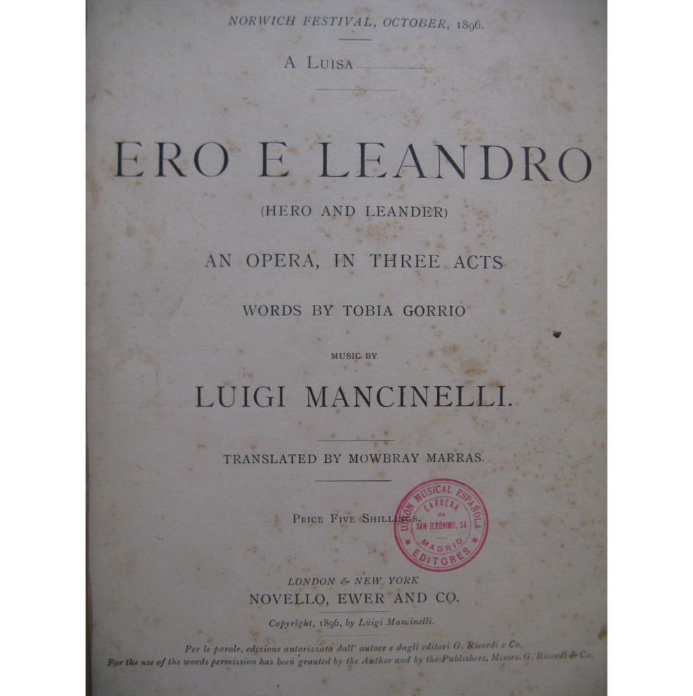MANCINELLI Luigi Ero e Leandro Opéra Chant Piano 1896
