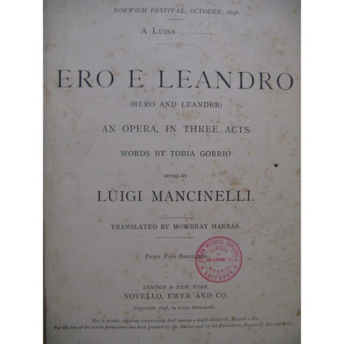 MANCINELLI Luigi Ero e Leandro Opéra Chant Piano 1896