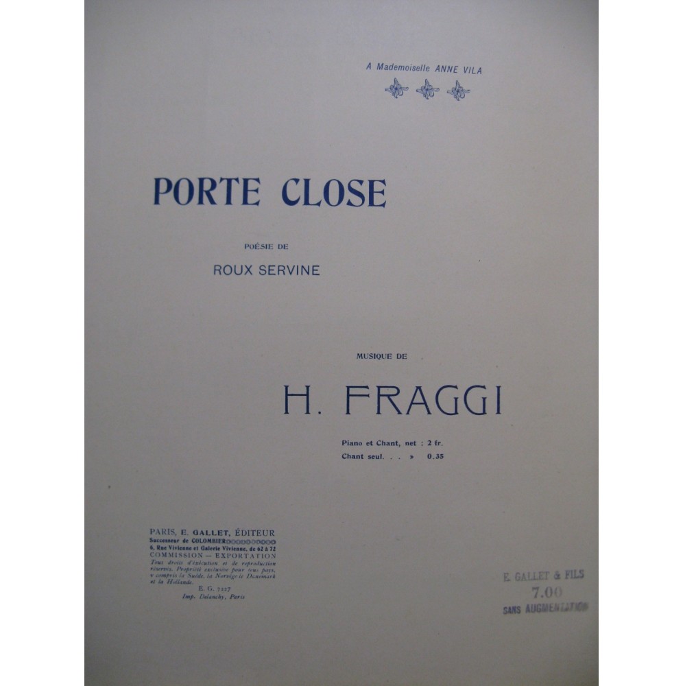 FRAGGI Hector Porte Close Chant Piano 1908