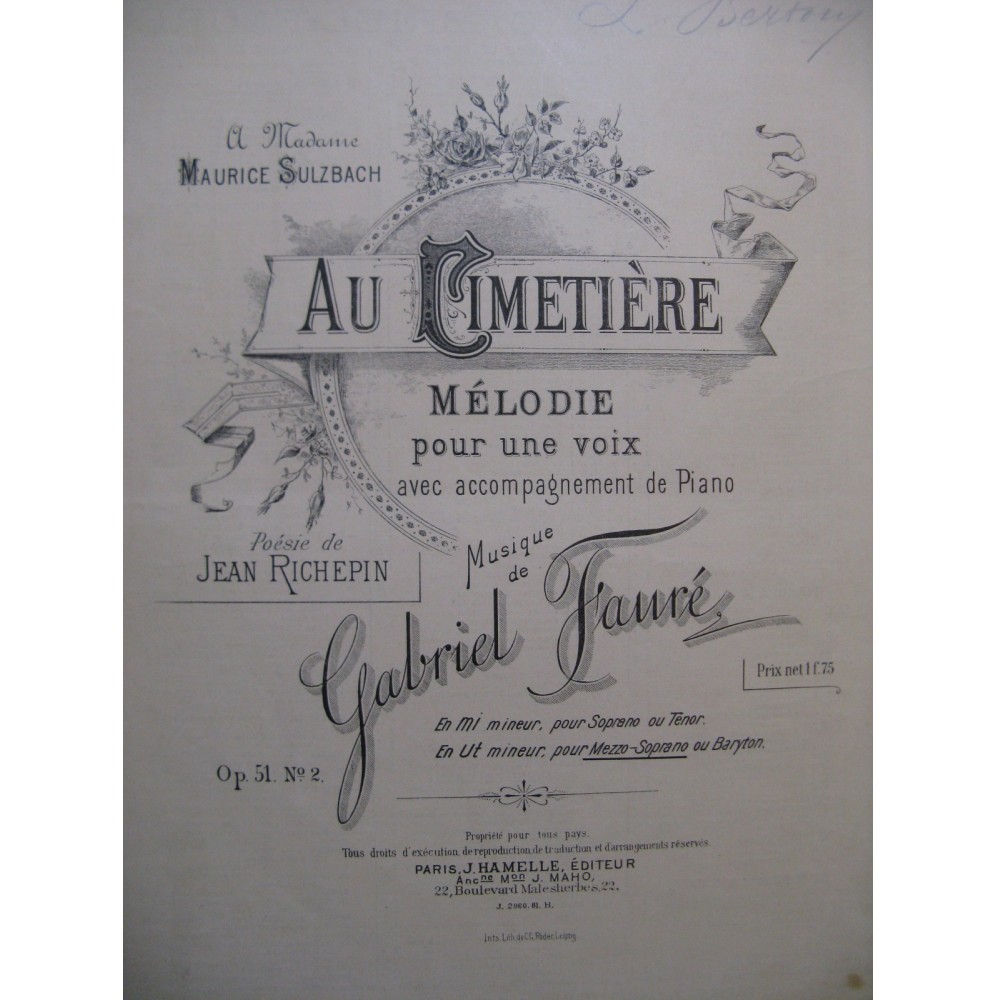 FAURÉ Gabriel Au Cimetière Chant Piano ca1890