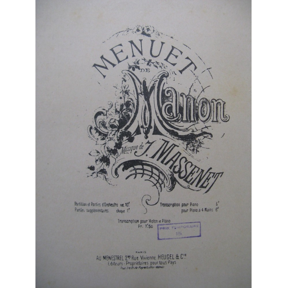 MASSENET Jules Menuet de Manon Violon Piano 1934