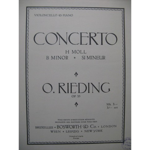 RIEDING Oscar Concerto Violoncelle Piano 1909
