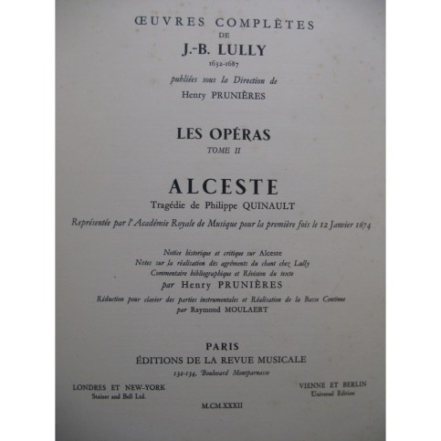 LULLY Jean-Baptiste Alceste Opéra Chant Piano 1932