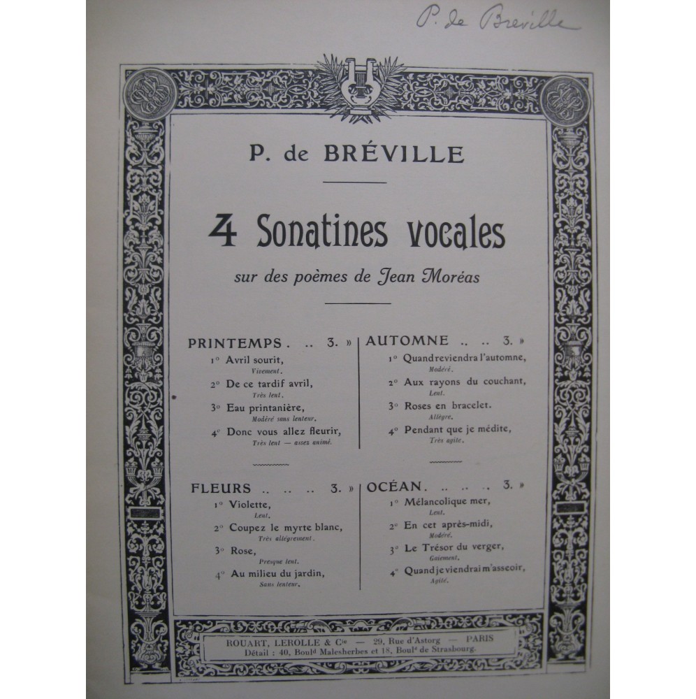 DE BRÉVILLE Pierre 4 Sonatines Vocales No 4 Océan Dédicace Chant Piano 1928