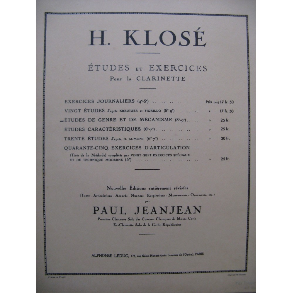 KLOSÉ H. Etudes de Genre et de Mécanisme Clarinette 1949