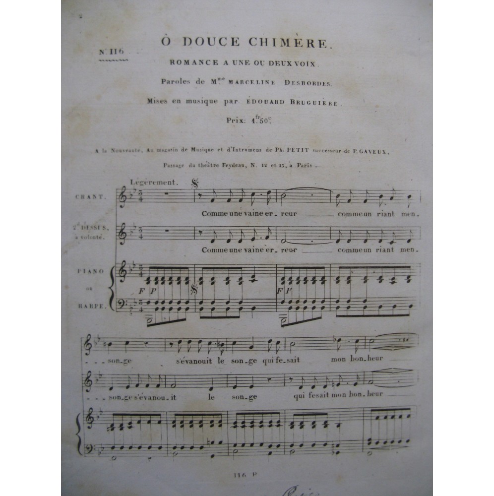BRUGUIÈRE Édouard Ô Douce Chimère Chant Piano ca1830