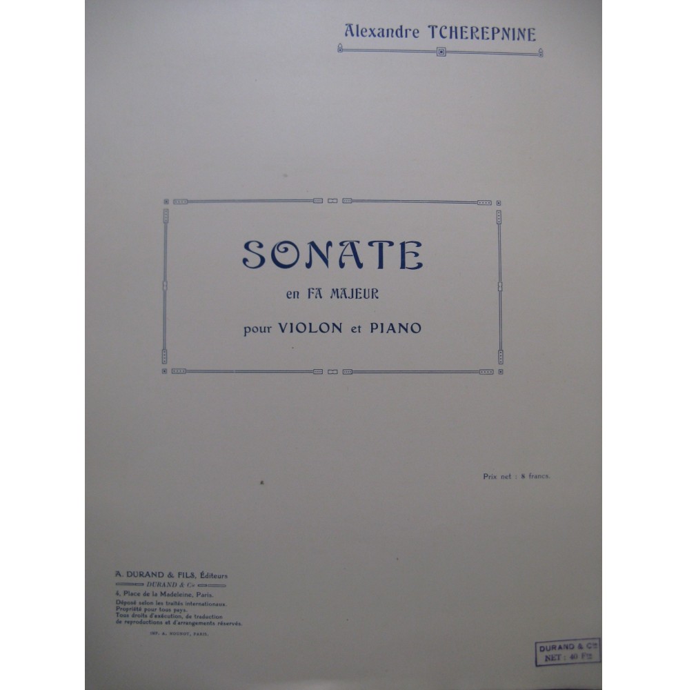 TCHEREPNINE Alexandre Sonate Fa Majeur Violon Piano 1923