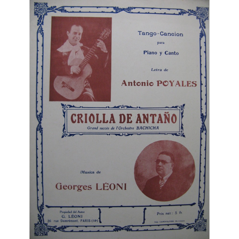 LÉONI Georges Criolla De Antaño Tango Chant Piano 1929